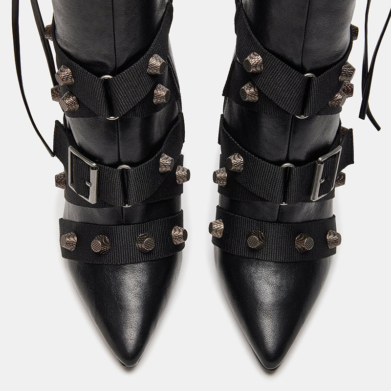 Black Pointed Toe Stiletto Heel Zipper Studs Knee High Boots