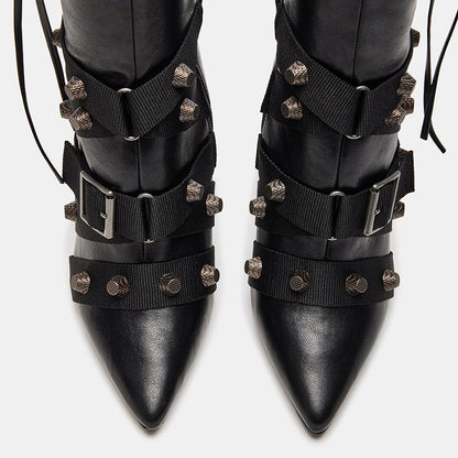 Black Pointed Toe Stiletto Heel Zipper Studs Knee High Boots
