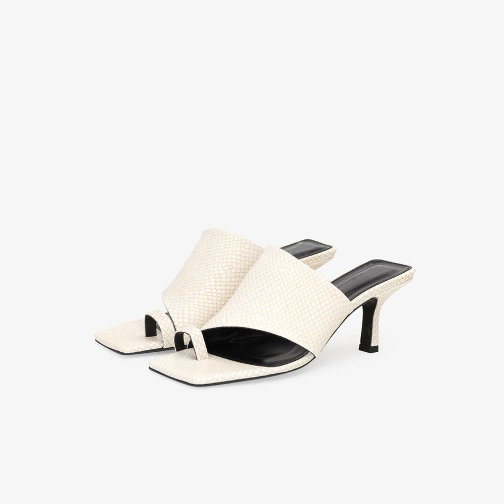 Beige Bone Snake Print Toe Ring Mules Sandals with Kitten Heel