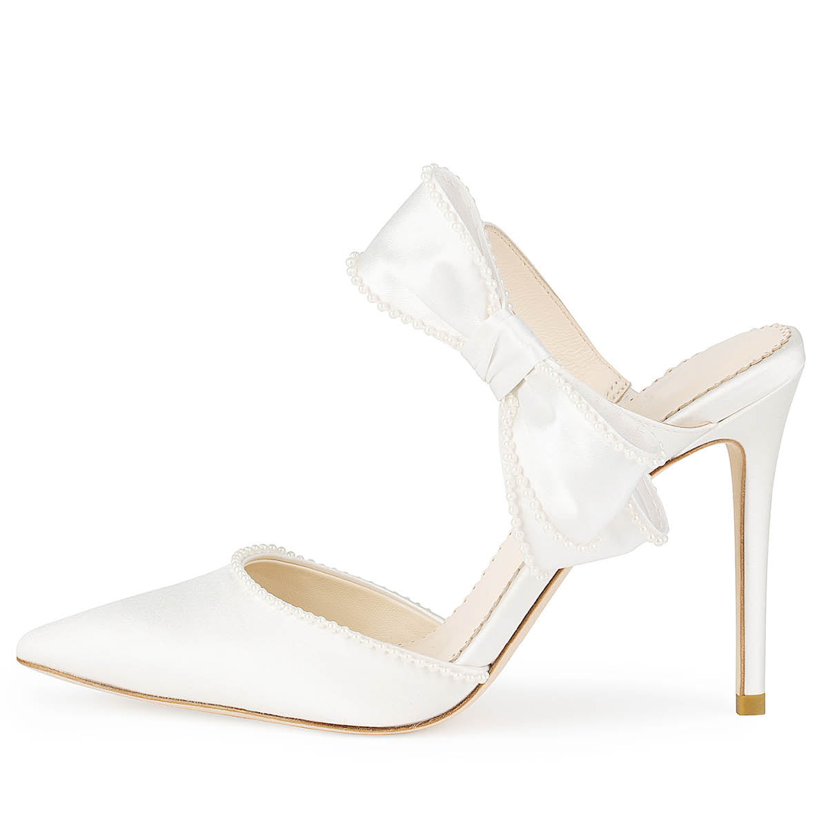 White Satin Closed Toe 4'' Stiletto Heel Mules with Bow