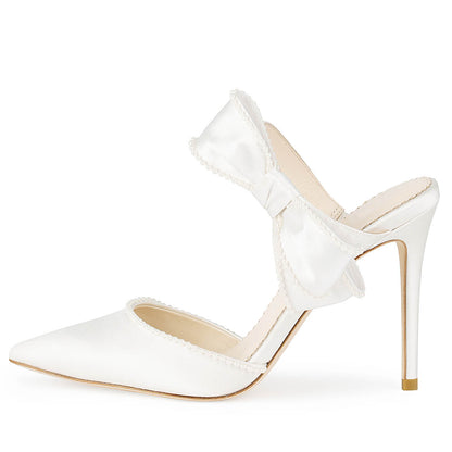 White Satin Closed Toe 4'' Stiletto Heel Mules with Bow