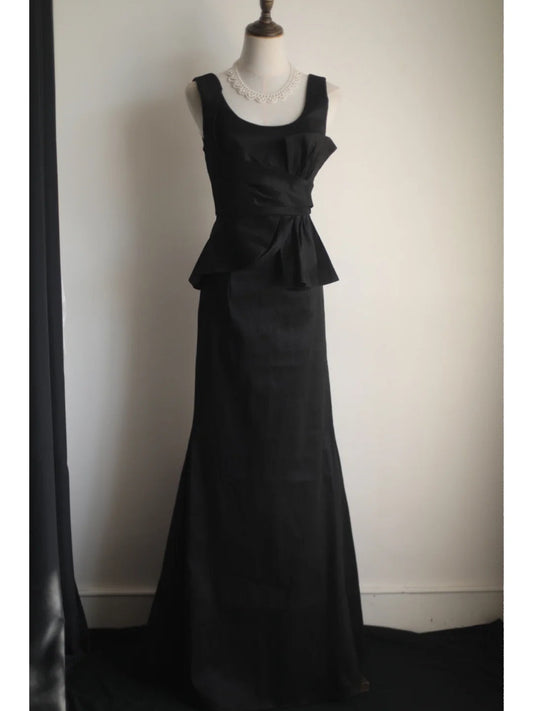 Elegant Black Pleated U-neck Mermaid Satin Long Prom Dress Evening Dress P4234