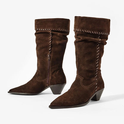 Brown Pointed Toe Whipstitch Chunky Heel Fold Over Mid Calf Boots
