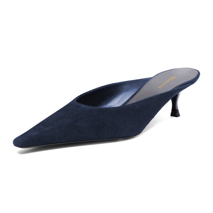 Women's Casual Vegan Suede Kitten Heel Pointy Toe Mules in Navy