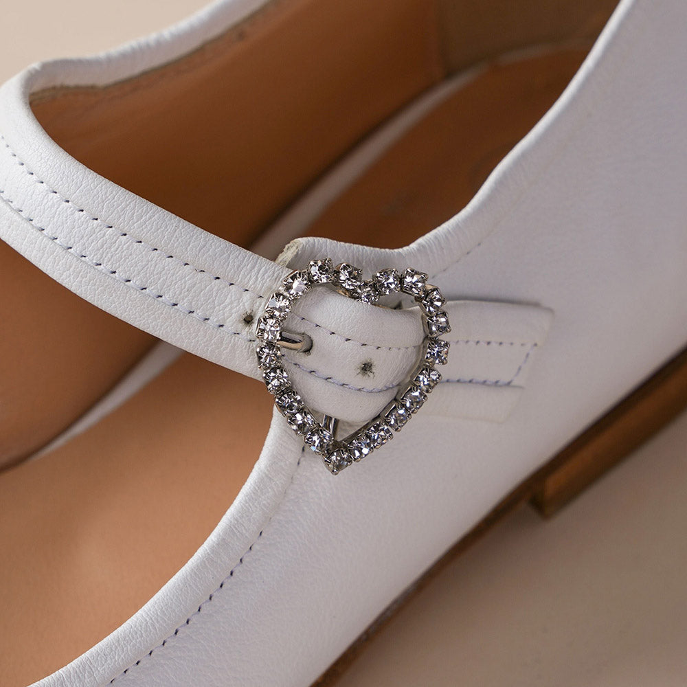 White Vegan Leather Round Toe Mary Jane Flats with Rhinestone Buckle
