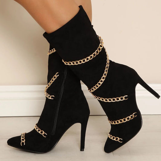 Women's Vegan Suede Pointed Toe Chain Heeled Mid-Calf Boots in Black