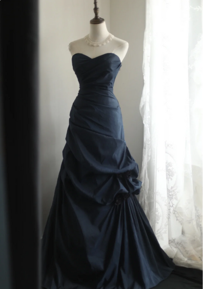 Elegant Navy Blue Mermaid Pleated Satin Long Prom Dress Evening Dress P4236