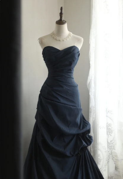 Elegant Navy Blue Mermaid Pleated Satin Long Prom Dress Evening Dress P4236