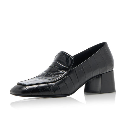 Black Croco Embossed Square Toe Block Heeled Loafers for Women