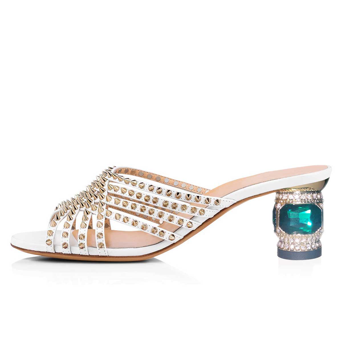 White Rivets Rhinestone Chunky Heel Mules Sandals