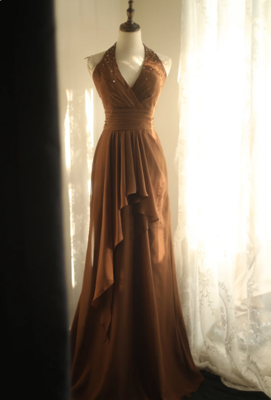 Elegant Brown A-line Halter Neck Chiffon Long Prom Dress Evening Dress P4238