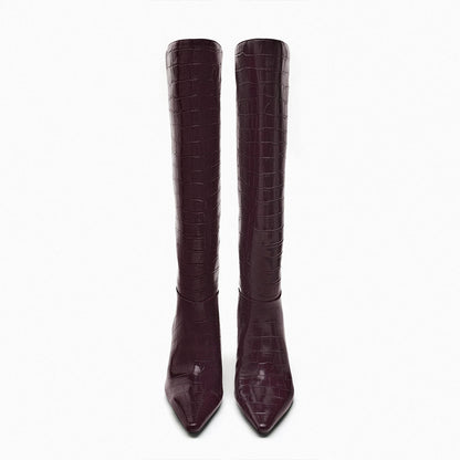 Brown Pointed Toe Stiletto Heel Wide Calf Knee High Boots