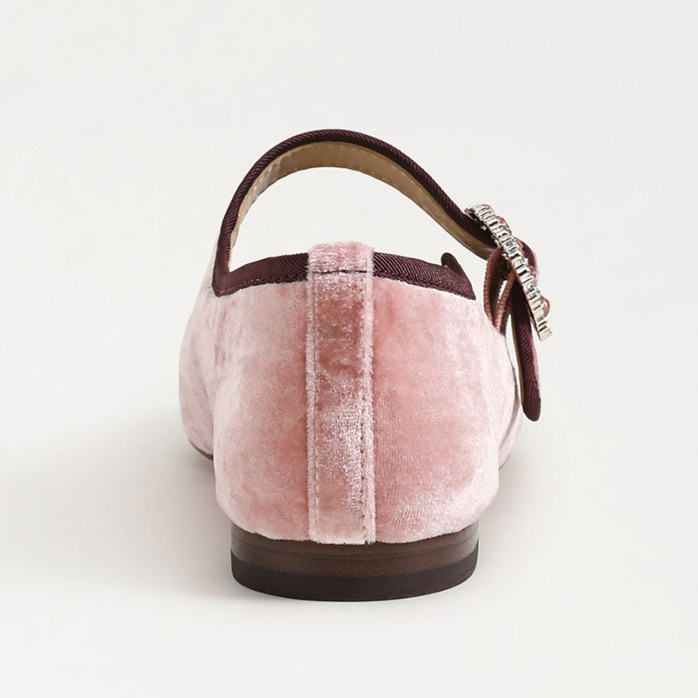 Pink Velvet Square Toe Rhinestone Buckled Strap Mary Jane Flats