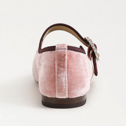 Pink Velvet Square Toe Rhinestone Buckled Strap Mary Jane Flats
