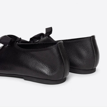 Black Vegan Leather Closed-Toe Lace-Up Comfy Ballet Flats