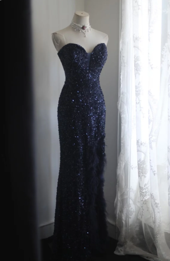 Elegant Navy Blue Mermaid Heart-shaped Neckline Feather Sequined Long Prom Dress Evening Dress P4239