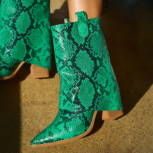 Chic Green Chunky Heel Fold Over Mid Calf Snakeskin Western Boots