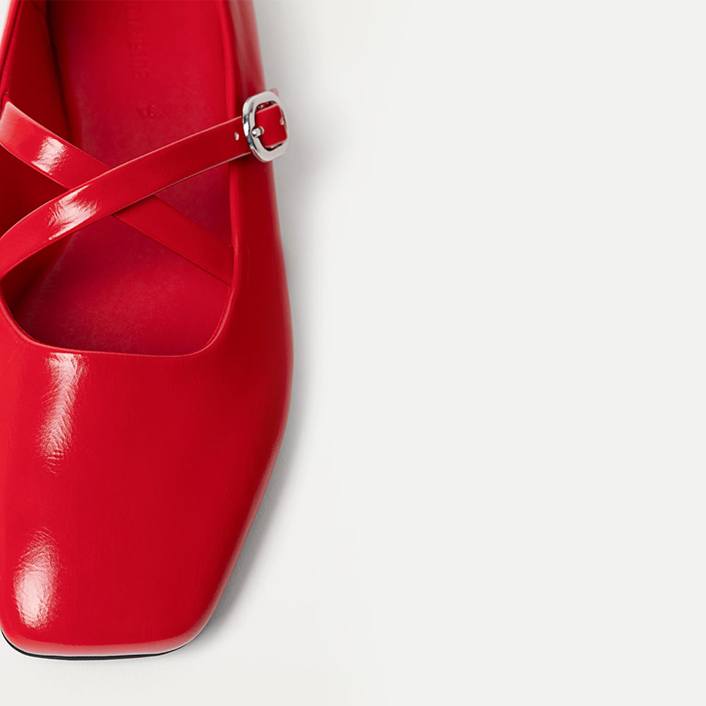 Women's Red Square Toe Cross Buckle Strap Elegant Ballet Flats