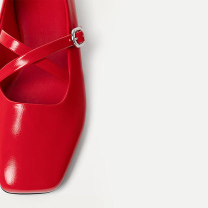 Women's Red Square Toe Cross Buckle Strap Elegant Ballet Flats