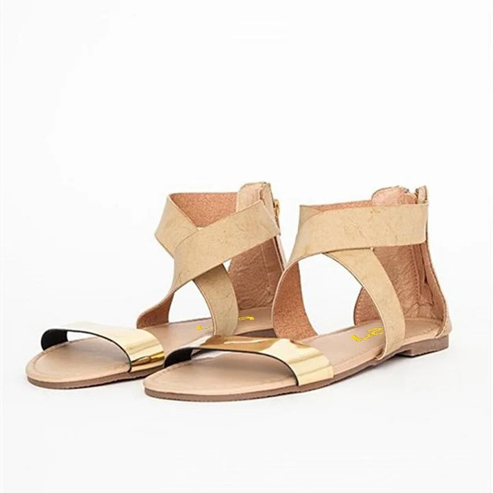 Gold & Khaki Open Toe Cross Strap Flat Sandals for Women