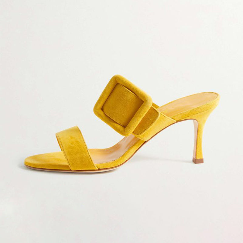 Yellow Vegan Suede Open Toe Buckle Strap Heeled Mules for Women