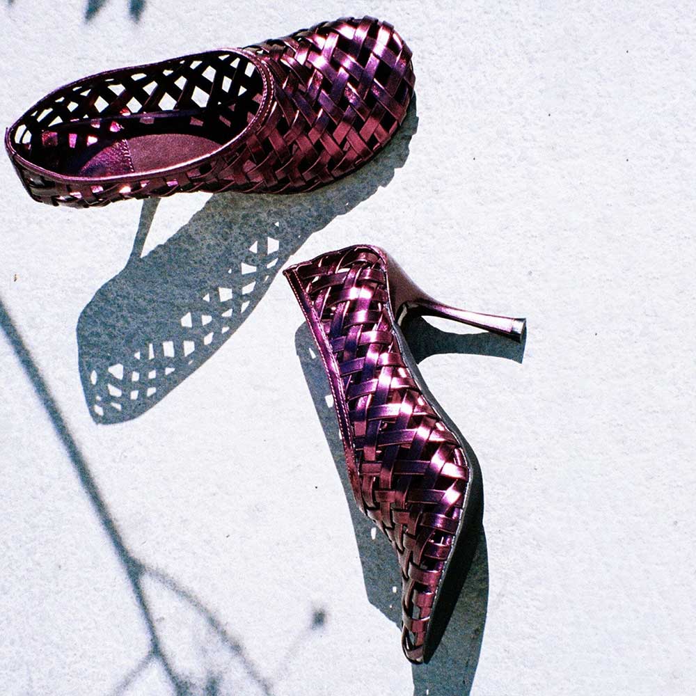 Stylish Metallic Round Toe Spool Heel Woven Pumps Shoes in Purple