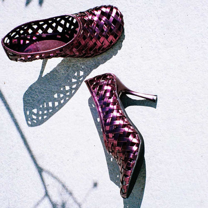 Stylish Metallic Round Toe Spool Heel Woven Pumps Shoes in Purple