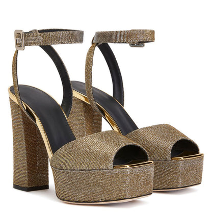 Square Peep Toe Chunky Heel Glitter Ankle Strap Sandals  Party Shoes