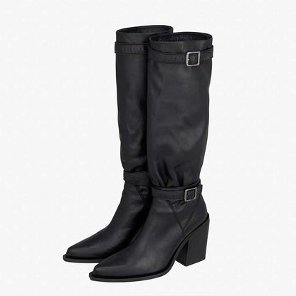 Black Vegan Leather Pointed Toe 3__ Chunky Heel Knee High Boots