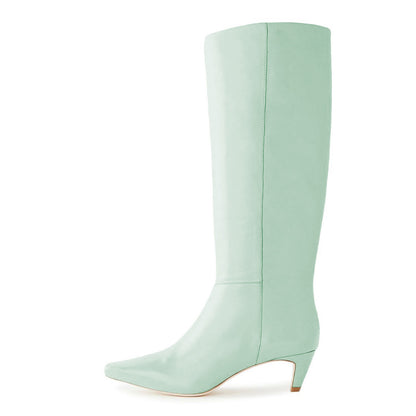 Green Pull-On Kitten Heel Knee High Boots for Women with Square Toe