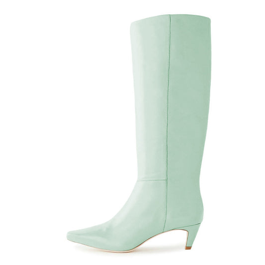 Green Pull-On Kitten Heel Knee High Boots for Women with Square Toe