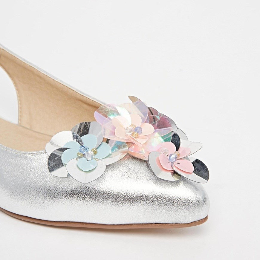 Silver Metallic Finish Pointed Toe Sequin Flower Wedding Flats