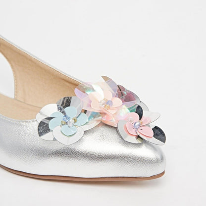 Silver Metallic Finish Pointed Toe Sequin Flower Wedding Flats