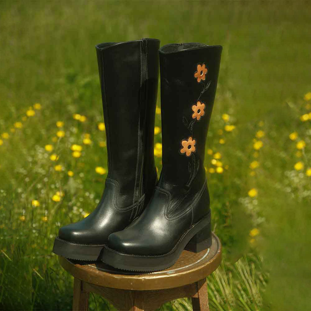 Black Square Toe Flower Inlay Chunky Heel Platform Mid Calf Boots