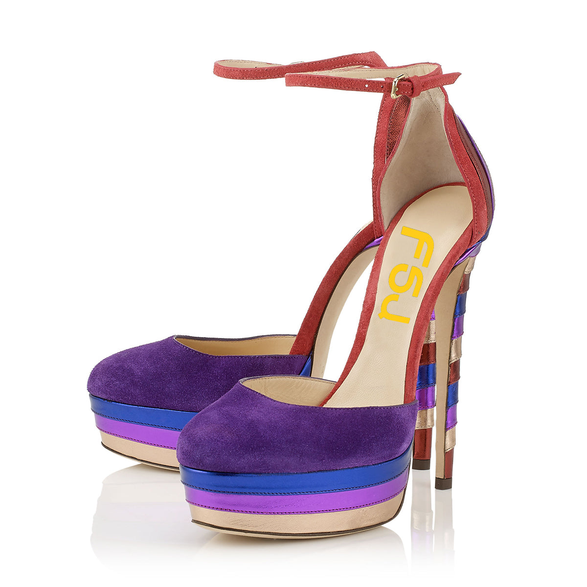 Women's Multicolor Striped Round Toe Ankle Strap Platform Pumps