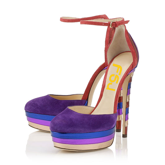 Women's Multicolor Striped Round Toe Ankle Strap Platform Pumps