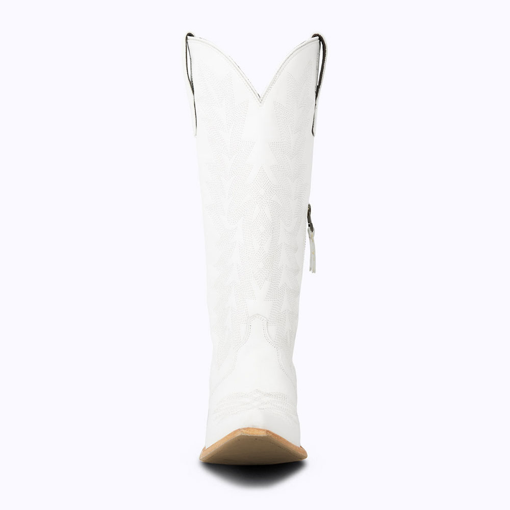White Snip Toe Chunky Heel Embroidered Knee High Boots with Zipper