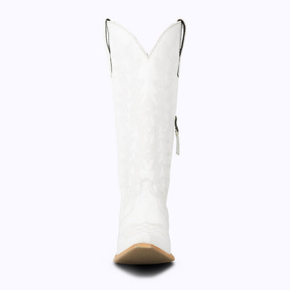 White Snip Toe Chunky Heel Embroidered Knee High Boots with Zipper