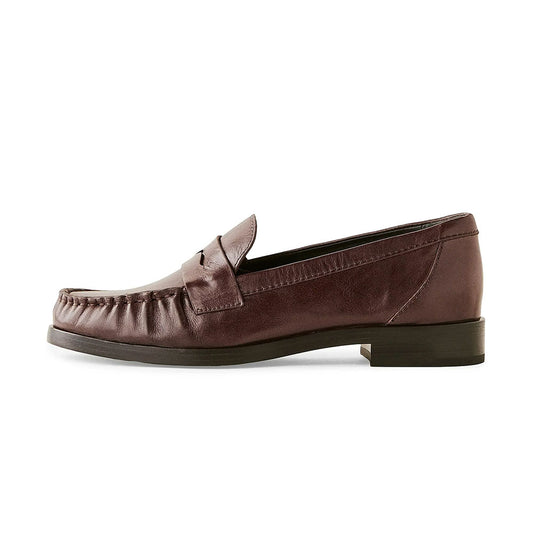 Brown Vegan Leather Ruched Round Toe Flat Penny Loafers Women