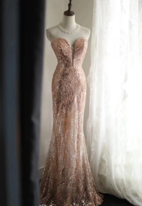 Elegant Pink Mermaid Sequined Prom Dress Evening Dress P4242