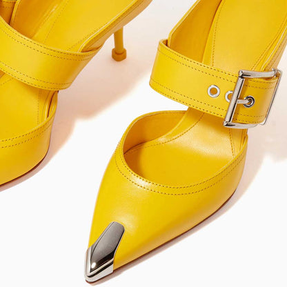Women's Yellow Metal Pointed Toe Kitten Heel Buckle Mules Shoes