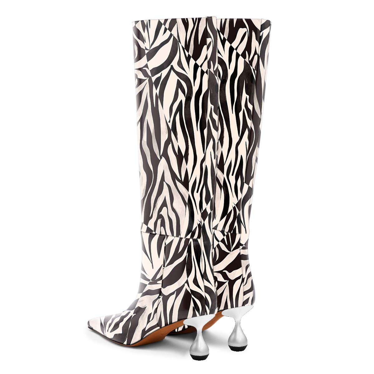 Beige and Black Zebra Print Knee High Boots with Decorative Heels