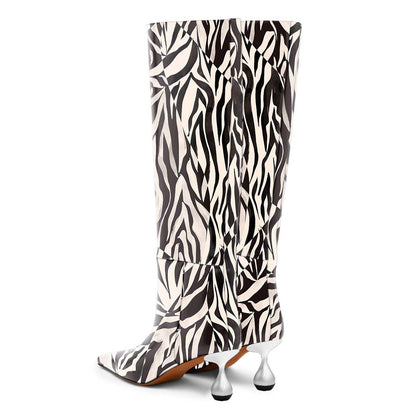 Beige and Black Zebra Print Knee High Boots with Decorative Heels
