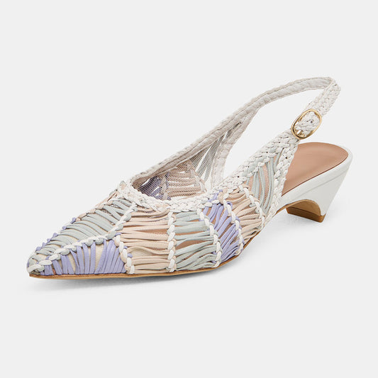 Multicolor Pointed Toe Woven Detail Chunky Heel Slingback Pumps