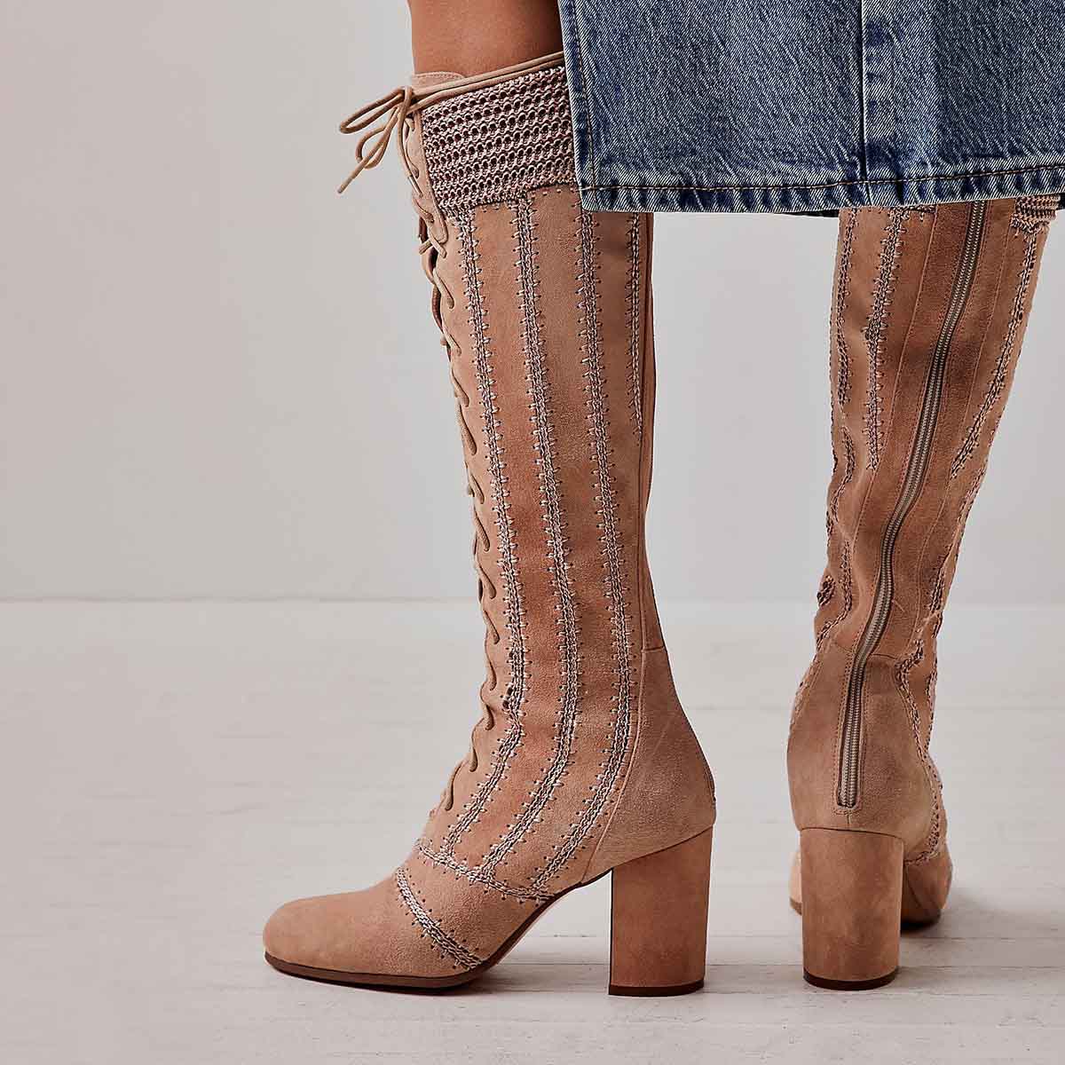 Tan Lace Up Stitching Round Toe Block Heel Knee High Boots with Zipper