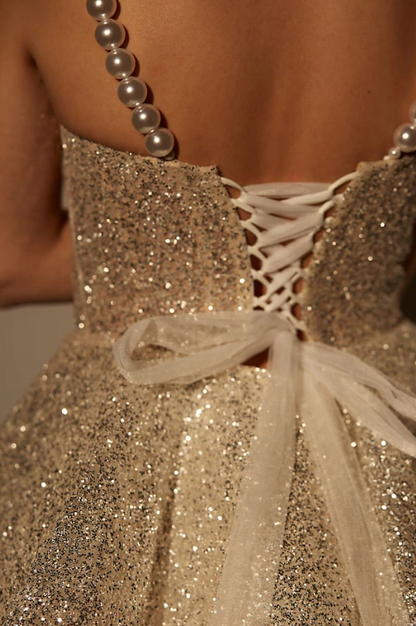 Cute Champagne Homecoming Dress Glittering Sequin Party Dress Pearl Straps A-Line Short Cocktail Dress TP4564