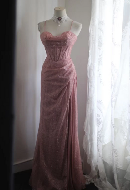 Elegant Pink Mermaid Spaghetti Strap Sequined Long Prom Dress Evening Dress P4244