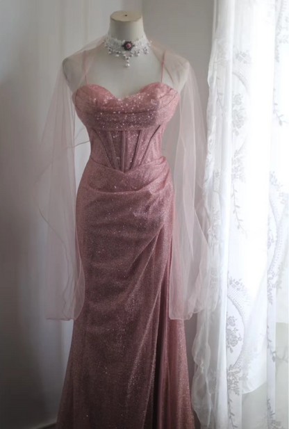 Elegant Pink Mermaid Spaghetti Strap Sequined Long Prom Dress Evening Dress P4244