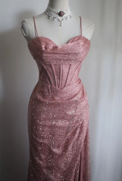 Elegant Pink Mermaid Spaghetti Strap Sequined Long Prom Dress Evening Dress P4244