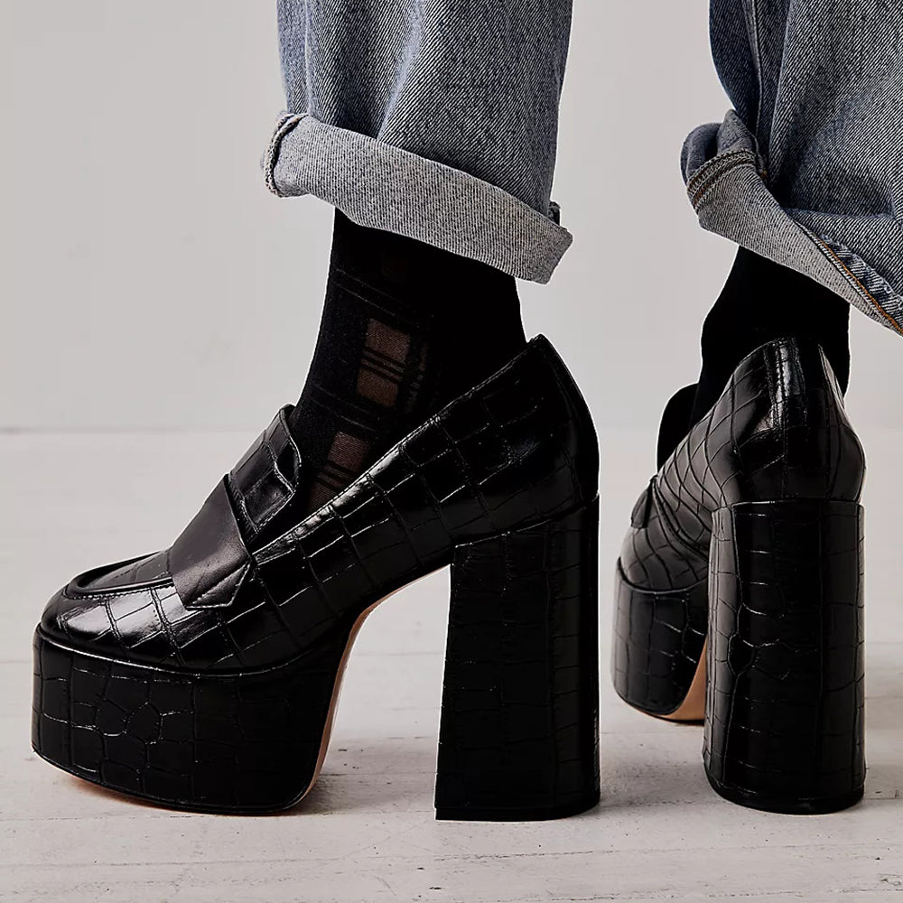 Stylish Square Toe Embossed Detail Platform Loafers in Black
